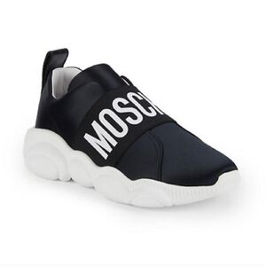 NWT MOSCHINO COUTURE Women's Black Leather Teddy Bear Slip On Sneakers